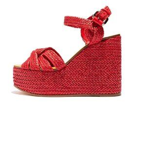 FSJ Red Woven Platform Heels Peep Toe Ankle Strap Wedge Sandals